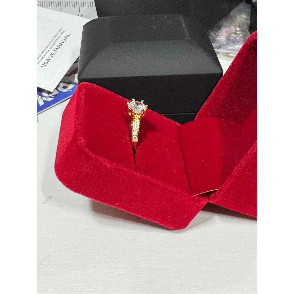 Gold Tone Round Cut‎ Solitaire Engagement Ring with Pavé Accents one size